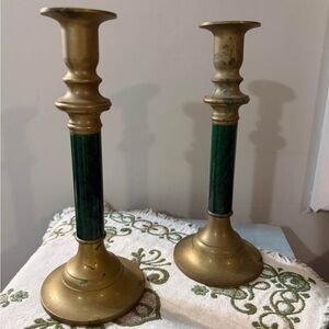 Elegant Brass and Green Candlesticks